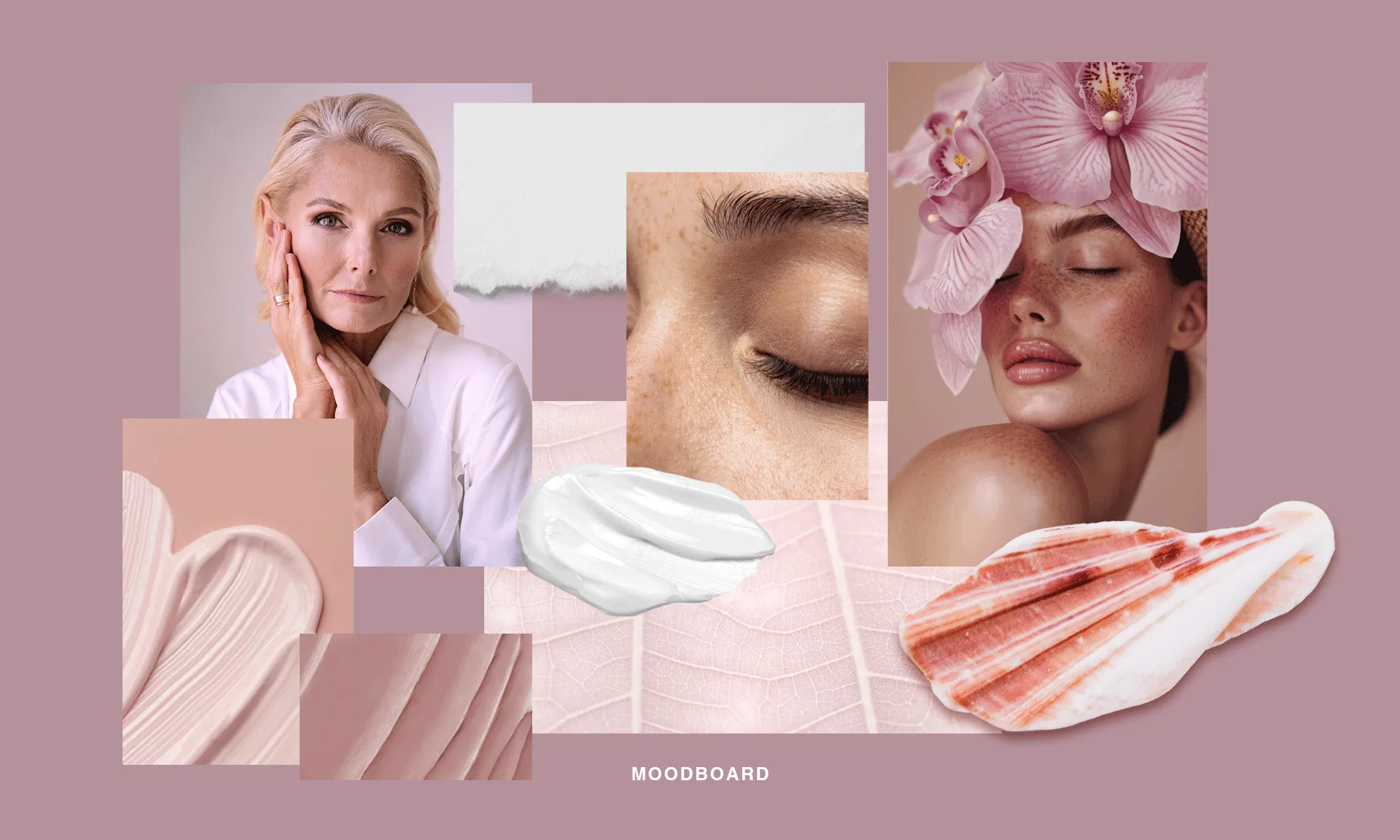 Moodboard dla projektu stworzenia identyfikacji wizualnej marki. Obraz w tonacji brudnego różu składający się z kilku innych obrazów które mają pokazywać charakter marki.